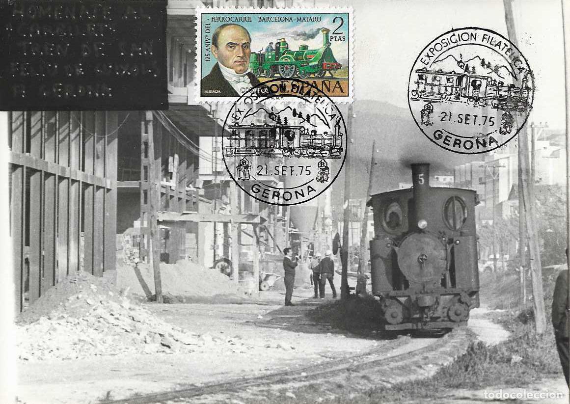 Sellos: TRENES TRASLADO CARRILET DE SAN FELIU EXPOSICION, GERONA 1975 MATASELLOS FERROCARRIL EN TARJETA RARO
