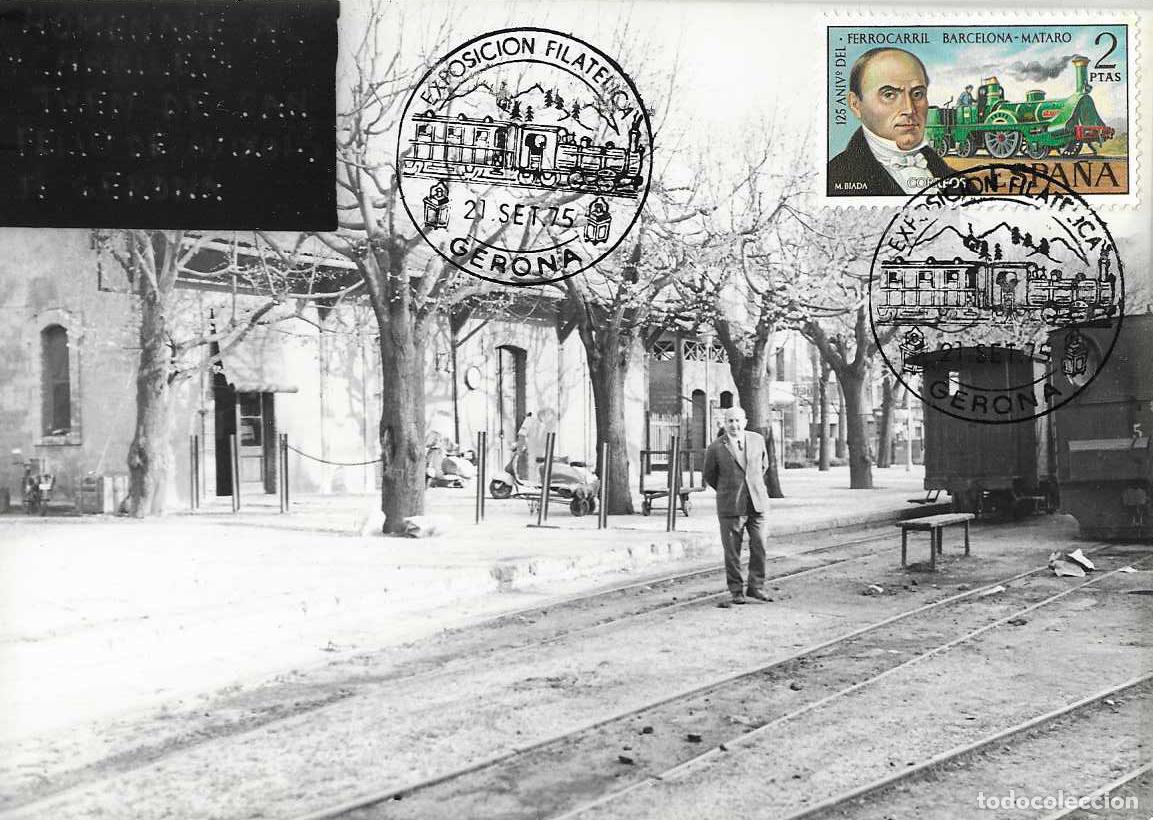 Sellos: TRENES TRASLADO CARRILET DE SAN FELIU EXPOSICION, GERONA 1975 MATASELLOS FERROCARRIL EN TARJETA RARO