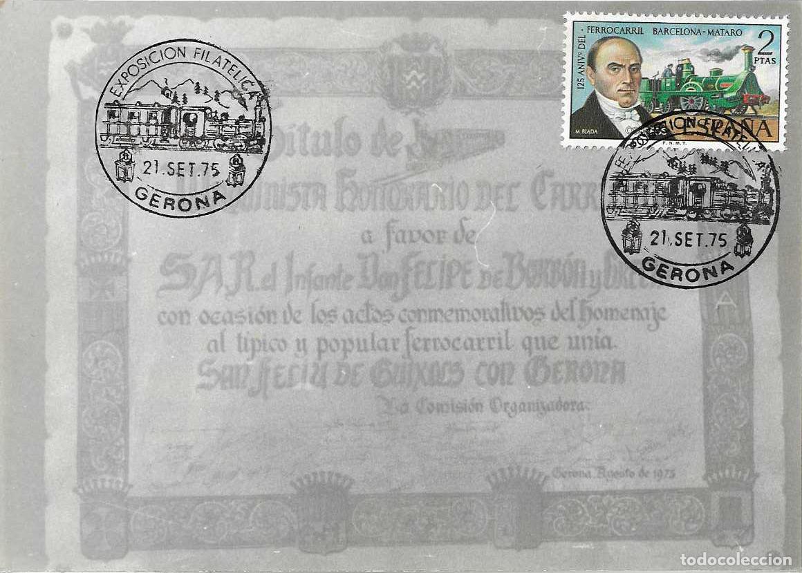 Sellos: TRENES TRASLADO CARRILET DE SAN FELIU EXPOSICION, GERONA 1975 MATASELLOS FERROCARRIL EN TARJETA RARO