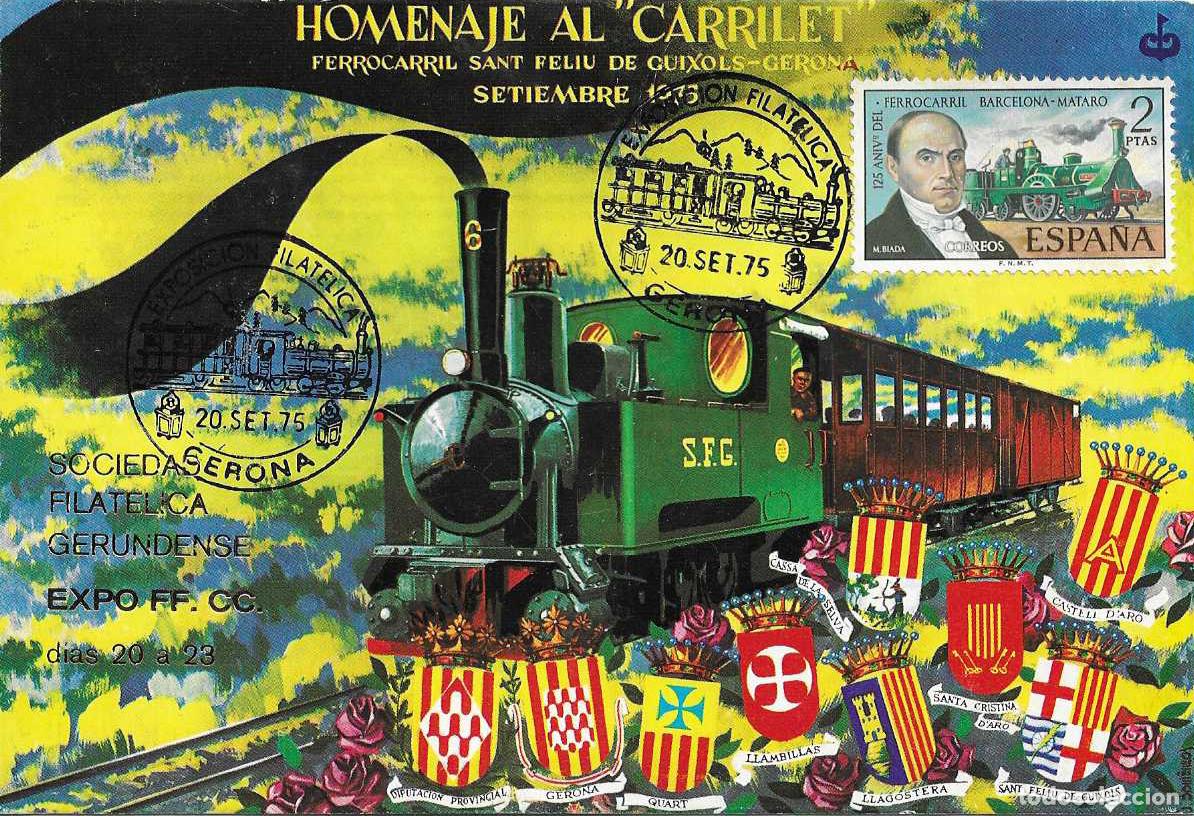 Sellos: TRENES TRASLADO CARRILET DE SAN FELIU EXPOSICION, GERONA 1975 MATASELLOS FERROCARRIL EN TARJETA RARO