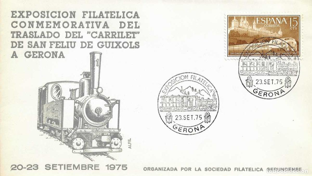Sellos: TRENES TRASLADO CARRILET DE SAN FELIU EXPOSICION GERONA 1975 RARO MATASELLOS FERROCARRIL SOBRE ALFIL