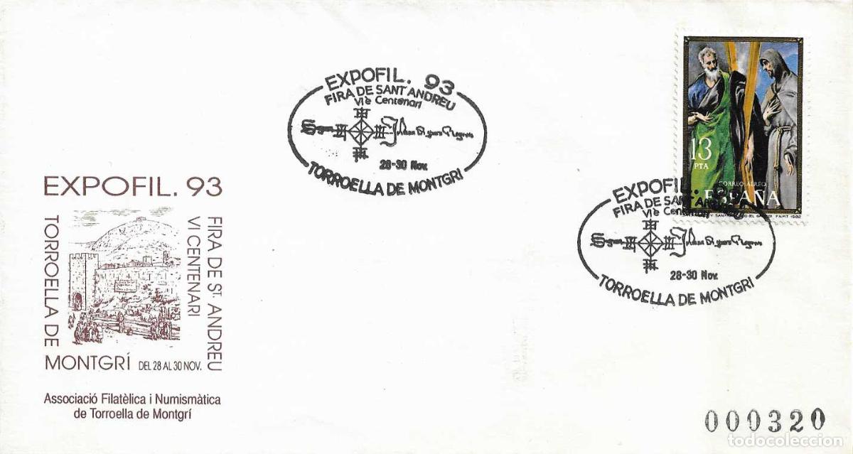 Sellos: EXPOFIL-93 VI CENTENARI FIRA SANT ANDREU, TORROELLA DE MONTGRI (GIRONA) 1993. MATASELLOS RARO SOBRE