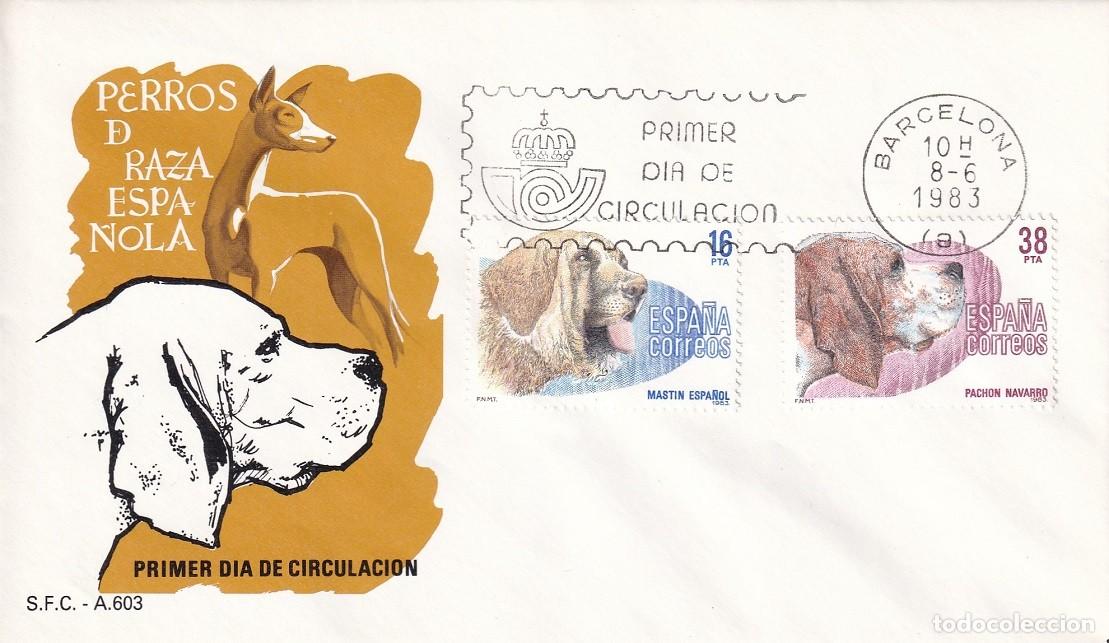 Sellos: SPD Barcelona 1983 - Perros de raza espa&ntilde;ola - Mast&iacute;n espa&ntilde;ol - Pach&oacute;n navarro - Primer d&iacute;a circulac