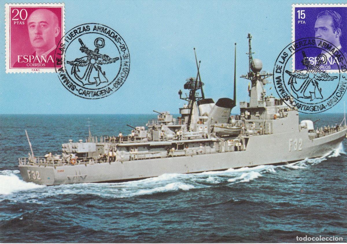 Sellos: 1983 MATASELLOS - SEMANA DE LAS FUERZAS ARMADAS - CARTAGENA EN POSTAL DE CORBETA DIANA