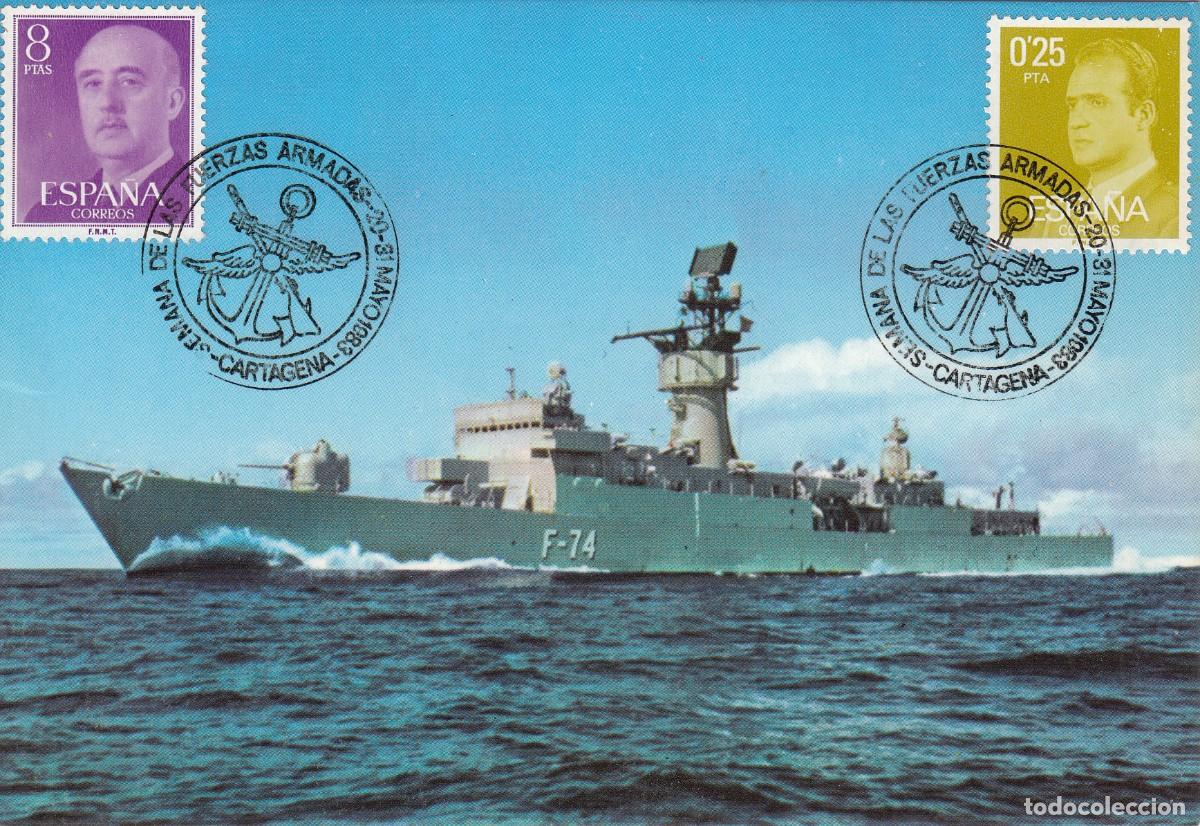 Sellos: 1983 MATASELLOS - SEMANA DE LAS FUERZAS ARMADAS - CARTAGENA EN POSTAL DE FRAGATA ASTURIAS