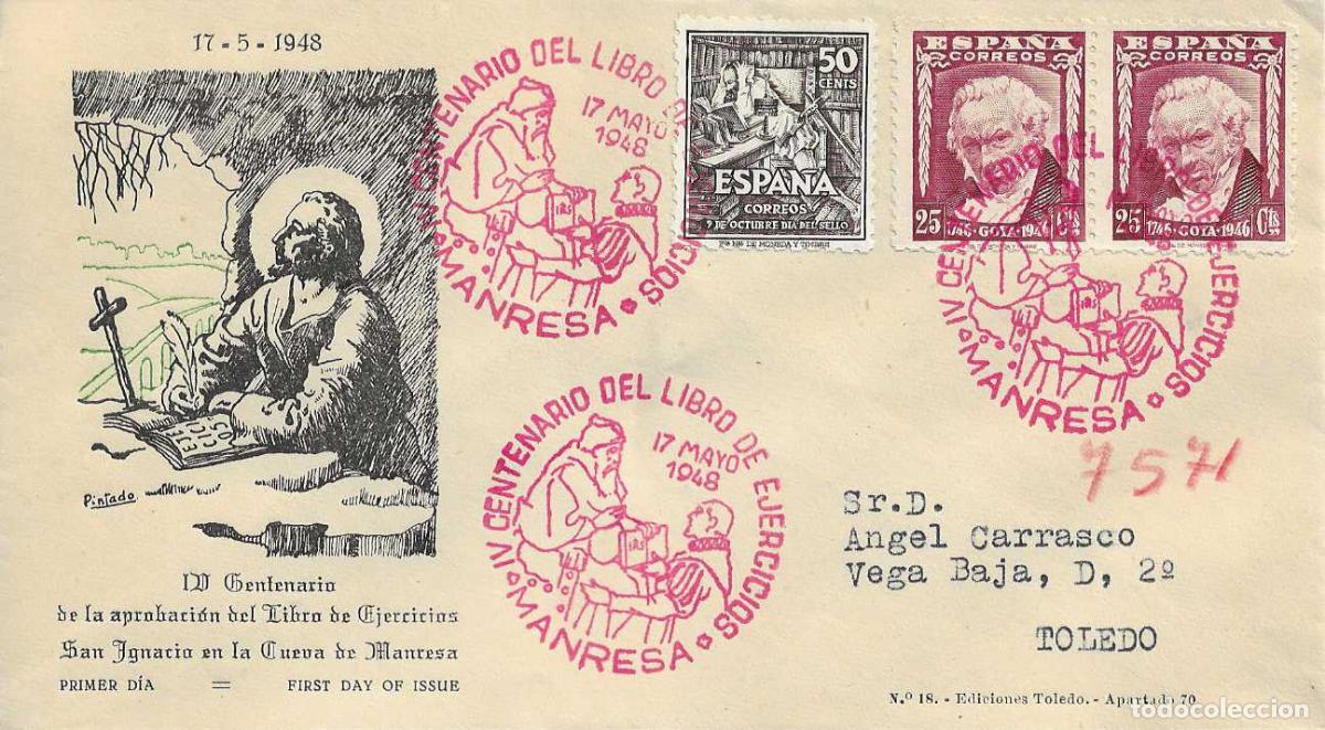 Sellos: SAN IGNACIO DE LOYOLA LIBRO EJERCICIOS IV CENTENARIO, MANRESA 1948 MATASELLOS SOBRE CIRCULADO ET RWR