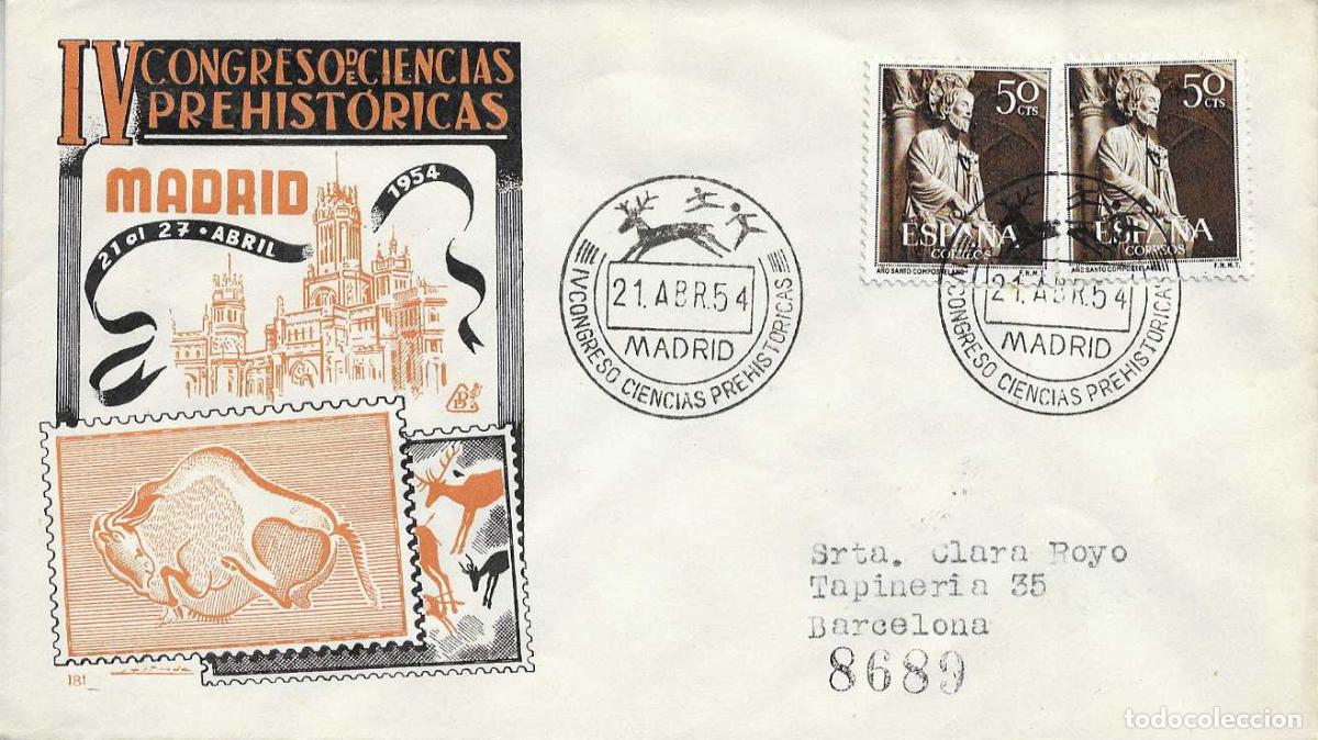 Sellos: PINTURAS RUPESTRES CIENCIAS PREHISTORICAS IV CONGRESO, MADRID 21 ABRIL 1954. MATASELLOS SOBRE DP RWR