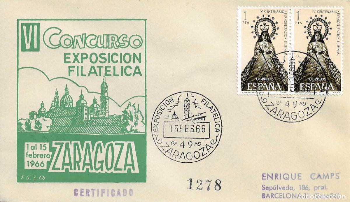 Sellos: IGLESIA DE SAN PABLO CONCURSO EXPOSICION, ZARAGOZA 15 FEBRERO 1966. MATASELLOS EN SOBRE CIRCULADO EG