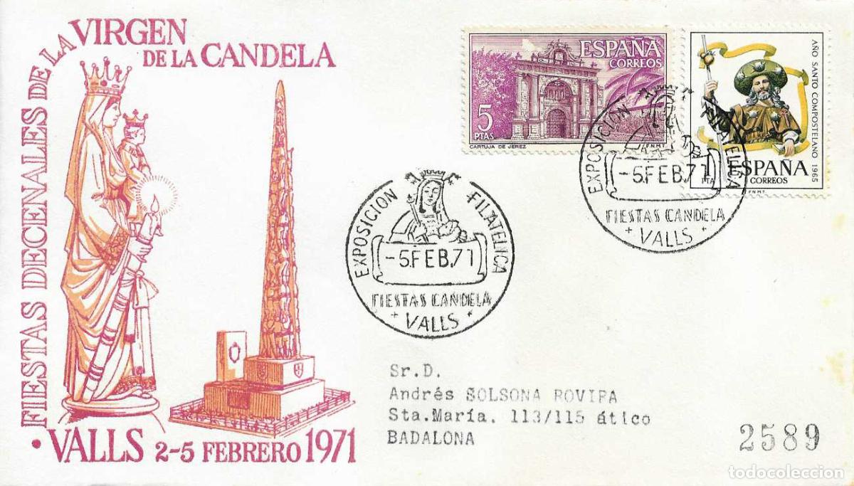 Sellos: FIESTAS VIRGEN DE LA CANDELA, VALLS (TARRAGONA) 5 FEBRERO 1971. MATASELLOS SOBRE CIRCULADO ALFIL RWR