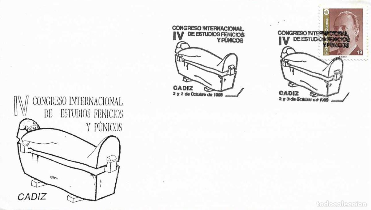 Sellos: ARQUEOLOGIA FENICIOS Y PUNICOS IV CONGRESO ESTUDIOS, CADIZ 1995. MATASELLOS EN RARO SOBRE ILUSTRADO