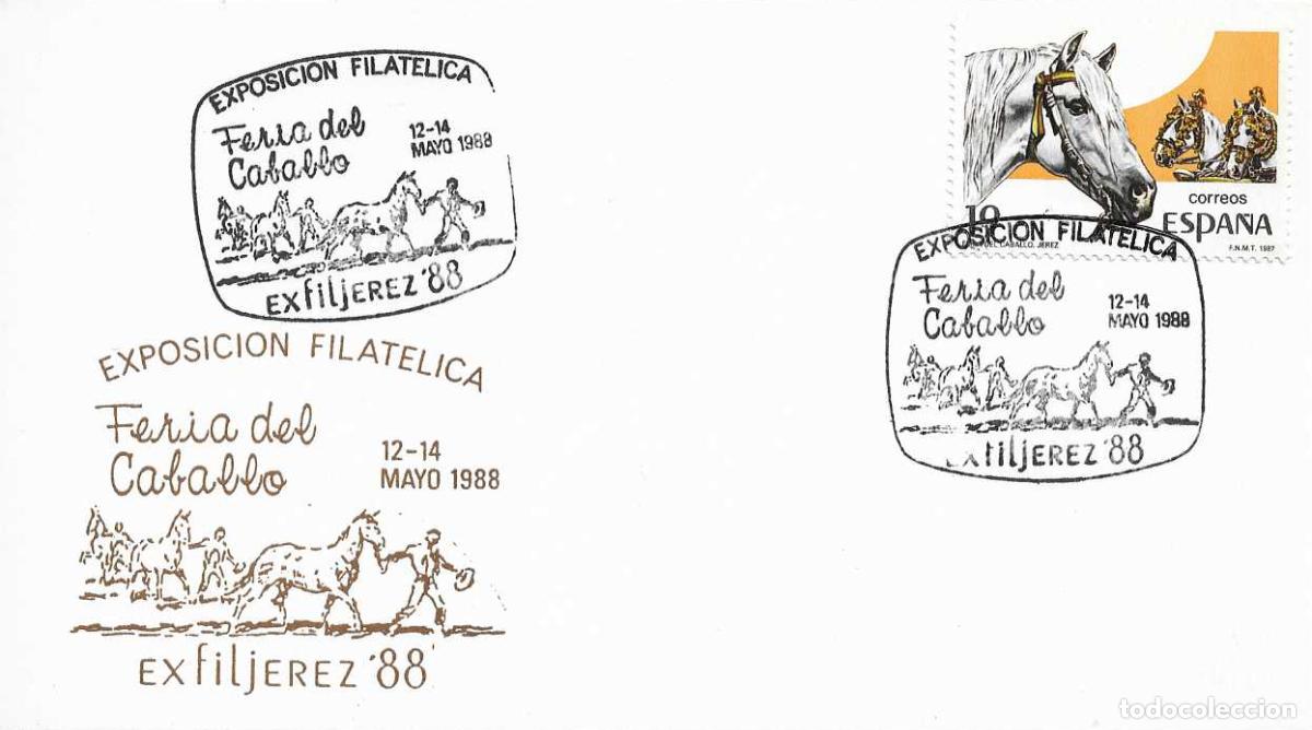 Sellos: CABALLO FERIA EXFILJEREZ 88 EXPOSICION FILATELICA, JEREZ CADIZ 1988 MATASELLOS TARJETA RARO FRANQUEO