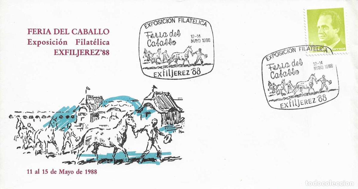 Sellos: CABALLO FERIA EXFILJEREZ 88 EXPOSICION FILATELICA JEREZ (CADIZ) 1988 MATASELLOS RARO SOBRE ILUSTRADO
