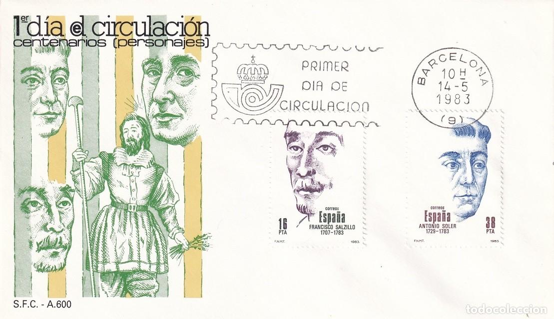 Sellos: SPD Madrid 1983 - Centenarios personajes - Francisco Salzillo - Antonio Soler - Primer d&iacute;a circulac.