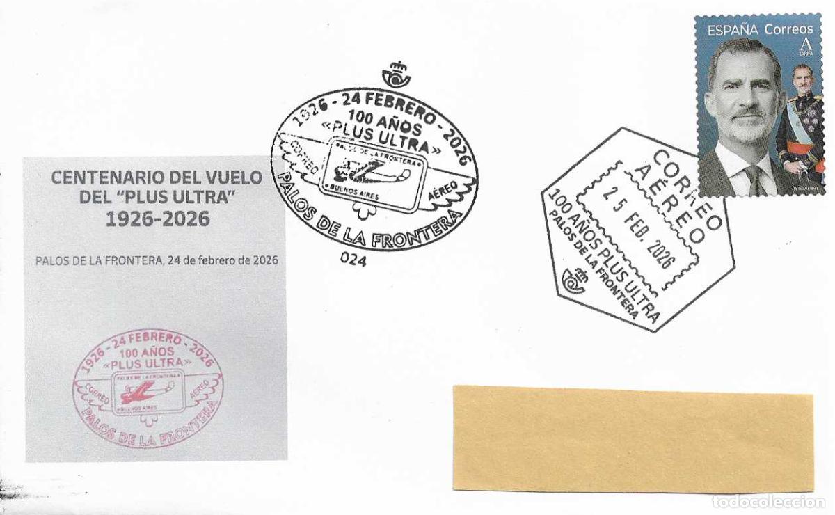Sellos: AVION PLUS ULTRA CENTENARIO VUELO PALOS DE LA FRONTERA (HUELVA) 2026 MATASELLOS SOBRE CIRCULADO RARO