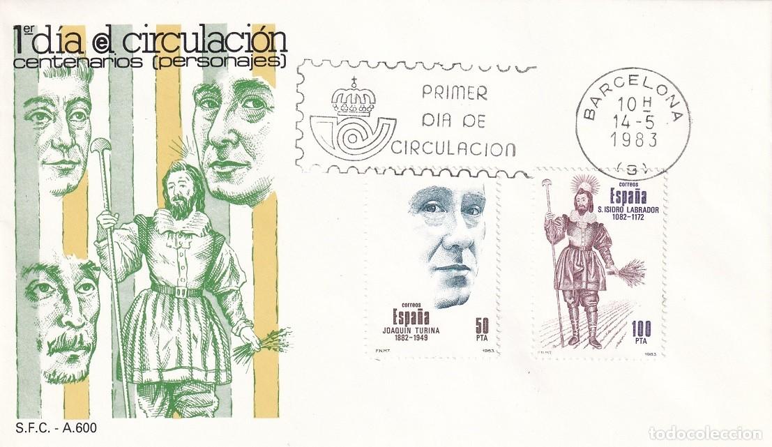 Sellos: SPD Barcelona 1983 - Centenarios personajes - Joaqu&iacute;n Turina - San Isidro Labrador - Primer d&iacute;a cir.