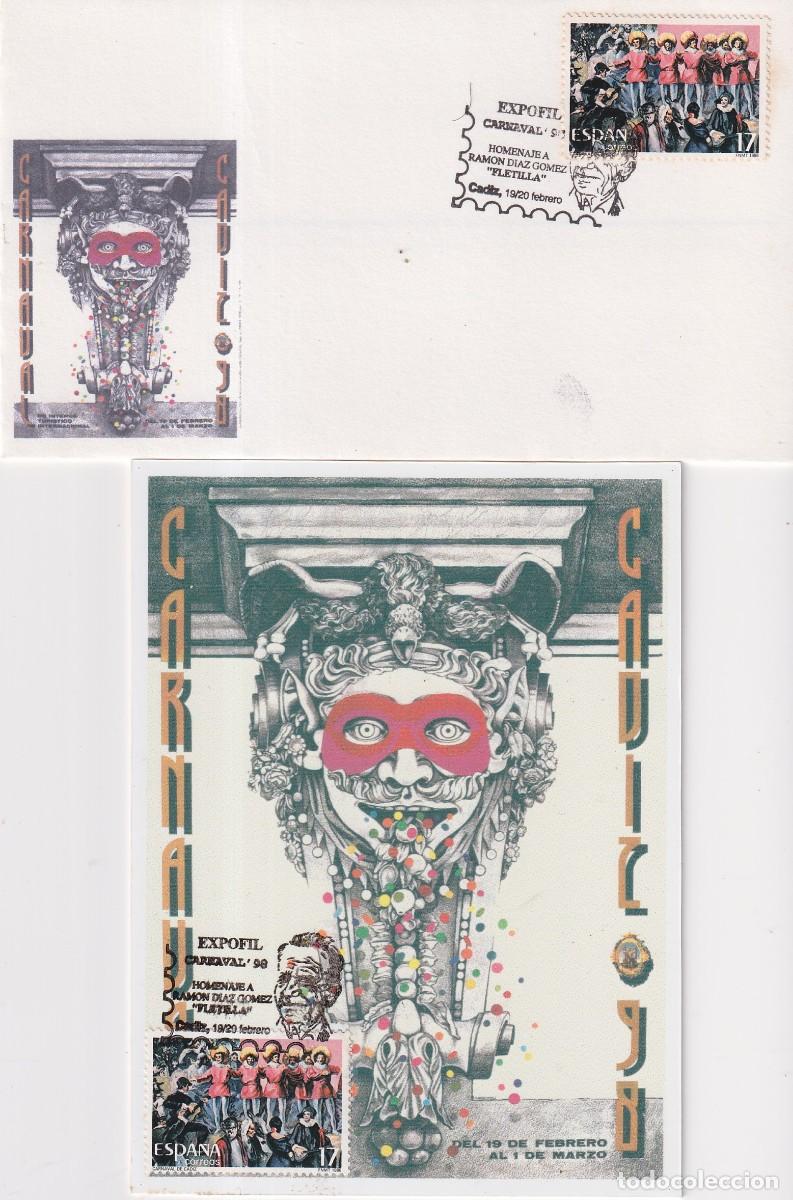 Sellos: CADIZ 1998 - EXPOFIL CARNAVAL 98 - TARJETA MAXIMA + SOBRE - HOMENAJE A RAMON DIAZ GOMEZ FLETILLA