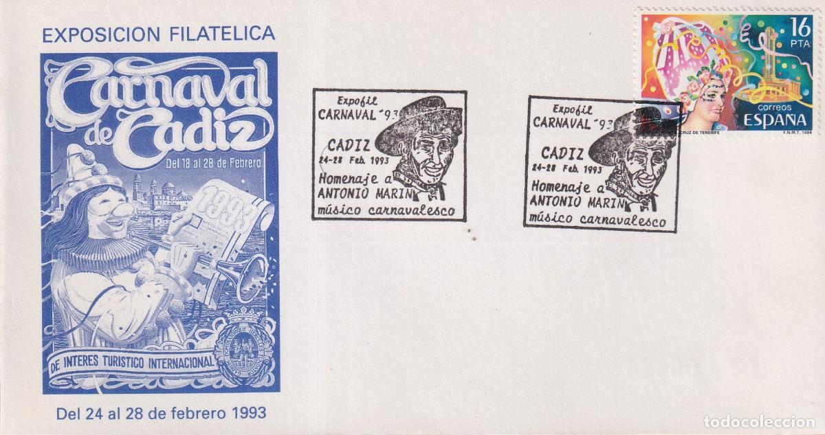 Sellos: CADIZ 1993 - SOBRE EXPOSICION FILATELICA CARNAVAL 1993 - HOMENAJE A ANTONIO MAR&Iacute;N