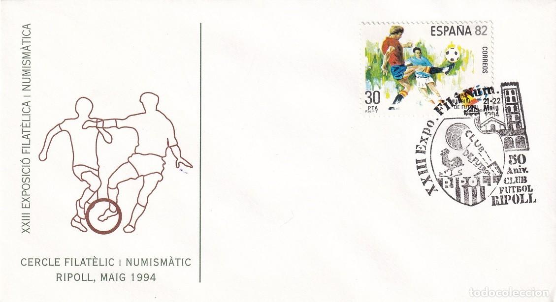 Sellos: Sobre Ripoll 1994 - XXIII Exposici&oacute; Filat&egrave;lica i Numism&agrave;tica - 50 Aniv. Club F&uacute;tbol Ripoll - Cercle