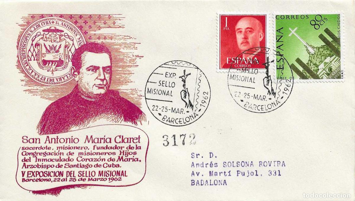 Sellos: SELLO MISIONAL V EXPOSICION BARCELONA 1962 MATASELLO SOBRE CIRCULADO ALFIL SAN ANTONIO M&ordf; CLARET RWR
