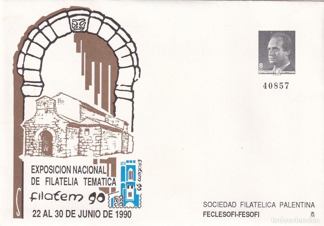 Sellos: Sobre entero postal - Filatem 90 Exposici&oacute;n Nacional Filatelia Tem&aacute;tica - Sociedad filca. palentina