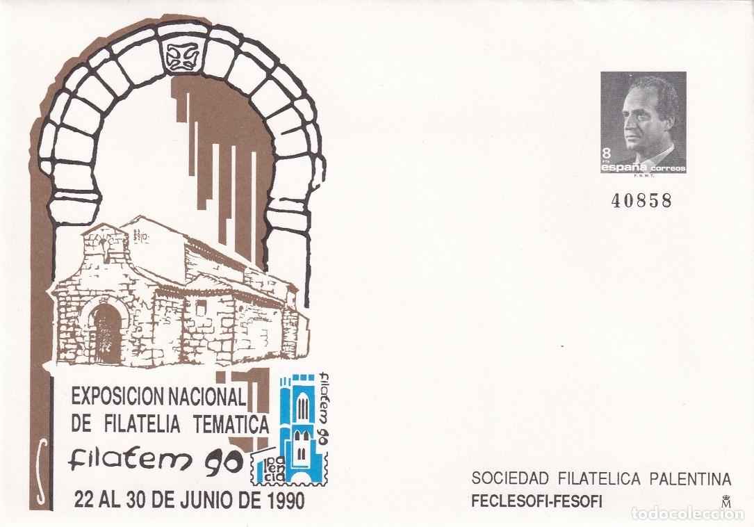 Sellos: Sobre entero postal - Filatem 90 Exposici&oacute;n Nacional Filatelia Tem&aacute;tica - Sociedad filca. palentina