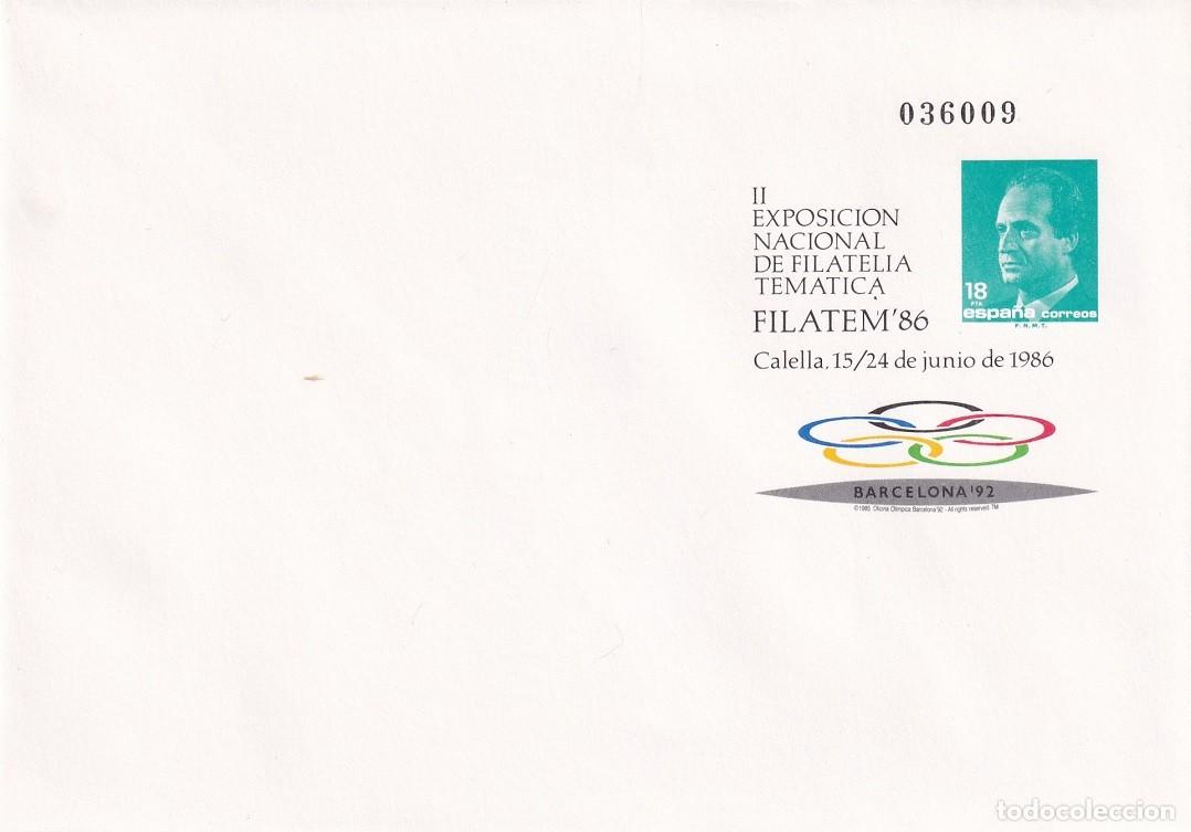 Sellos: Sobre entero postal Calella 1986 Filatem 86 II Exposici&oacute;n Nacional Filatelia Tem&aacute;tica - Barcelona 92