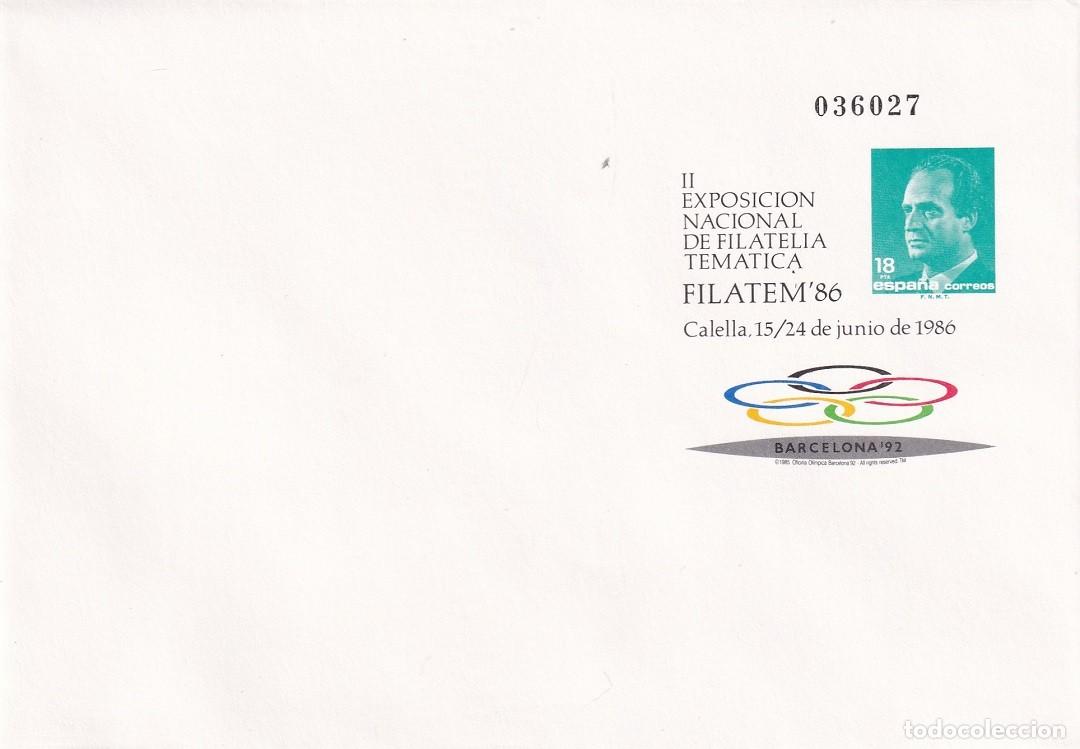 Sellos: Sobre entero postal Calella 1986 Filatem 86 II Exposici&oacute;n Nacional Filatelia Tem&aacute;tica - Barcelona 92