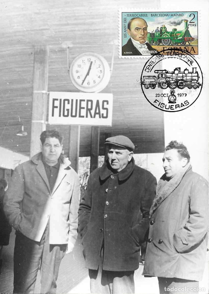 Sellos: TRENES CENTENARI L'ARRIBADA FERROCARRIL, FIGUERAS (GERONA) 1977. MATASELLOS TARJETA VER REVERSO RARO
