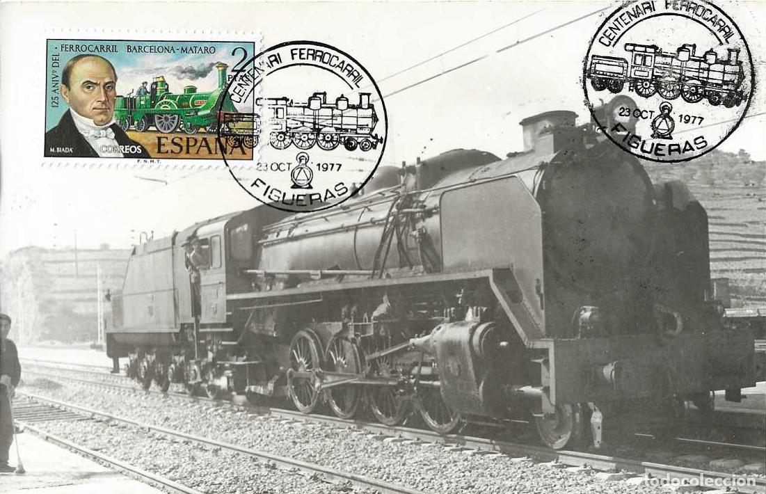 Sellos: TRENES CENTENARI L'ARRIBADA FERROCARRIL, FIGUERAS (GERONA) 1977 MATASELLOS TARJETA BONITO Y RARO ASI