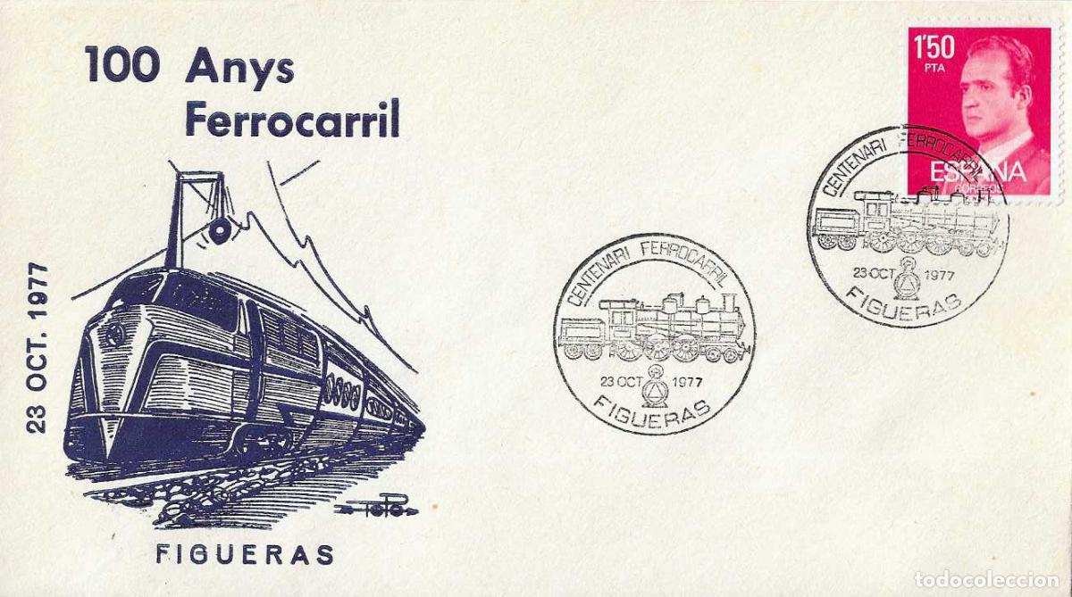 Sellos: TRENES CENTENARI DE L'ARRIBADA DEL FERROCARRIL, FIGUERAS (GERONA) 1977. MATASELLOS SOBRE TOPO RARO