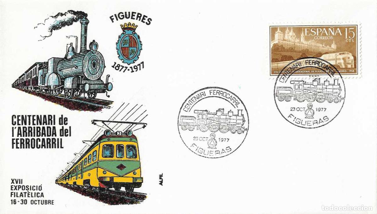 Sellos: TRENES CENTENARI DE L'ARRIBADA DEL FERROCARRIL, FIGUERAS (GERONA) 1977 MATASELLOS EN SOBRE ALFIL RWR
