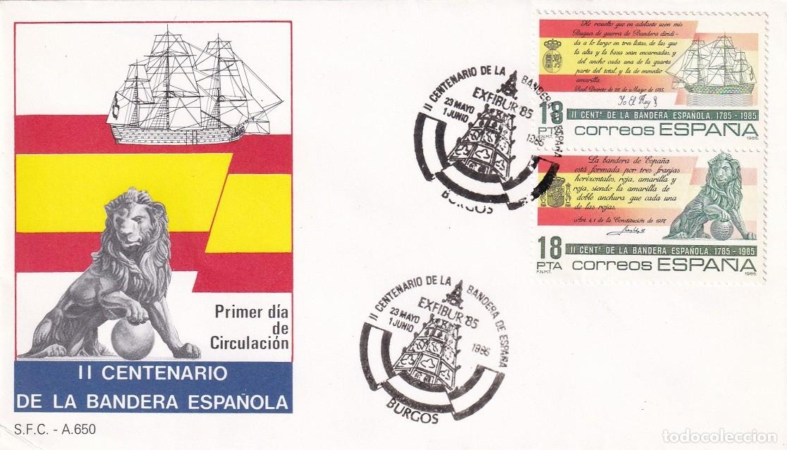 Sellos: SPD Burgos 1985 - II Centenario de la bandera espa&ntilde;ola - Primer d&iacute;a de circulaci&oacute;n FDC - Exfibur 85