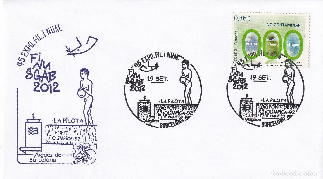 Sellos: Sobre Barcelona - Finusgab 2012 - 45 Exposici&oacute; filat&egrave;lica i numism&agrave;tica - La pilota Font Ol&iacute;mpica 92