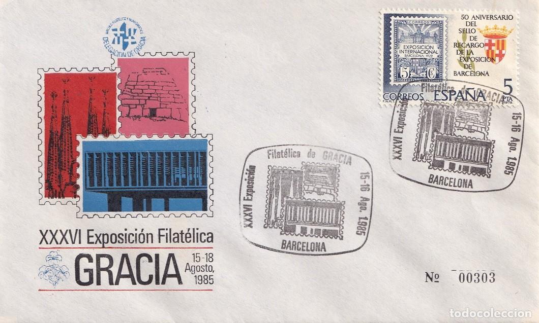 Sellos: Sobre numerado Barcelona 1985 - XXXVI Exposici&oacute;n Filat&eacute;lica Gracia - 15-18 Agosto - Matsellos