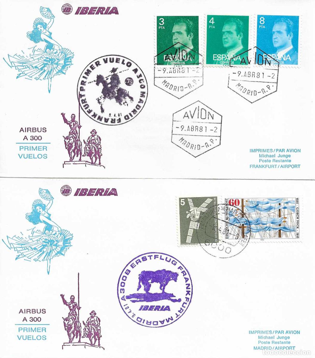 Sellos: DON QUIJOTE PRIMER VUELO AIRBUS IBERIA MADRID-FRANKFURT-MADRID 1981 EN DOS SOBRES MARCAS AEREAS RARO