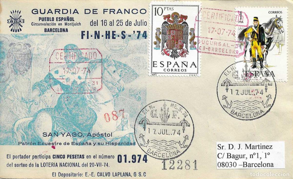 Sellos: GUARDIA DE FRANCO X MUESTRA, BARCELONA 1974 MATASELLOS SOBRE SANTIAGO SAN YAGO APOSTOL PATRON ESPA&Ntilde;A