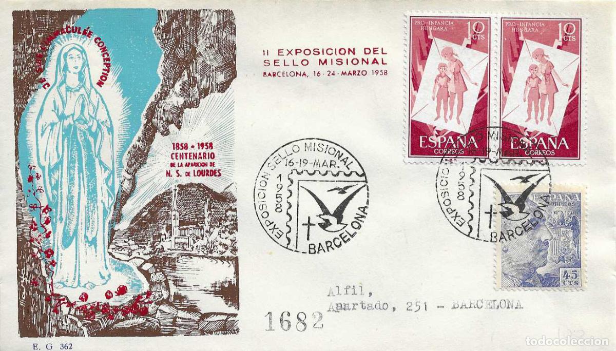 Sellos: VIRGEN DE LOURDES EN SOBRE DE EG MODELO 2 AZUL CLARO MATASELLOS SELLO MISIONAL BARCELONA 1958 RARO