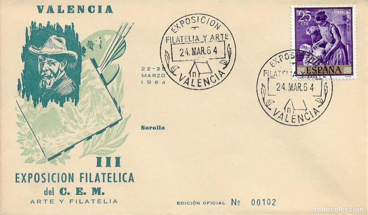 Sellos: PINTURA SOROLLA EXPOSICION FILATELIA Y ARTE, VALENCIA 1964. MATASELLOS EN SOBRE EO BONITO Y RARO ASI