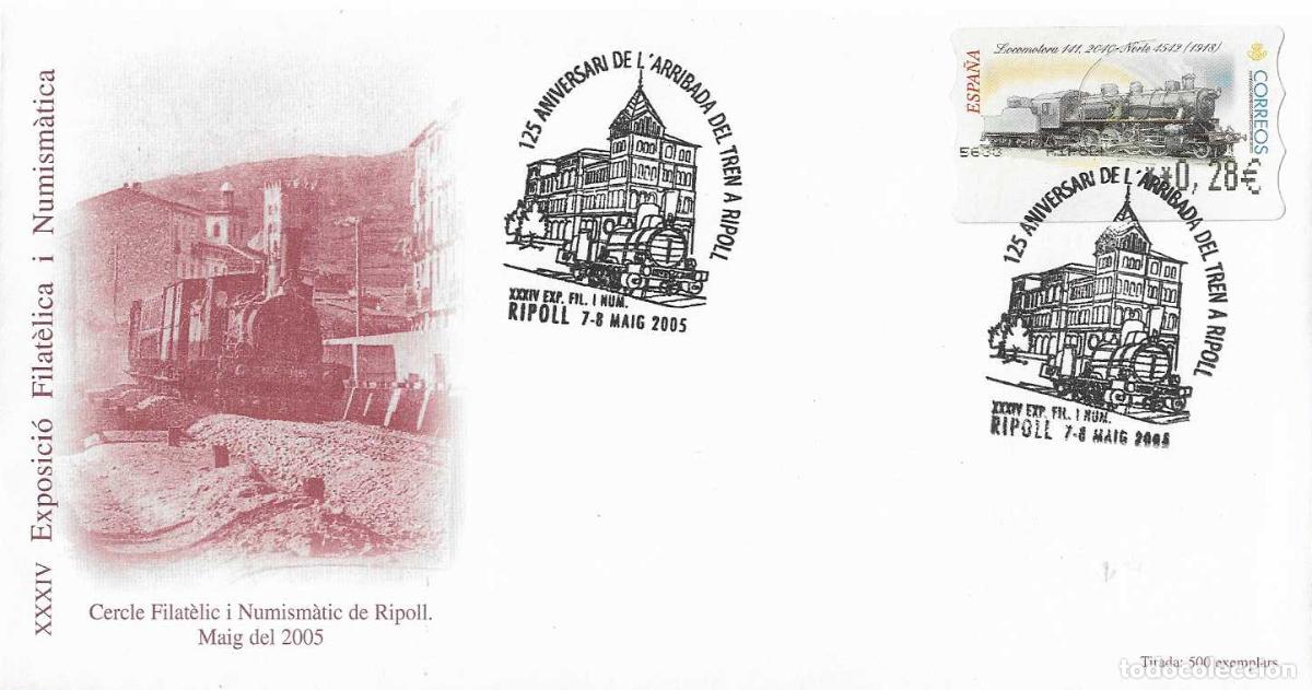 Sellos: TRENES 125 ANIV DE L'ARRIBADA TREN A RIPOLL GIRONA 2005. MATASELLOS FERROCARRIL SOBRE CORTA TIRADA