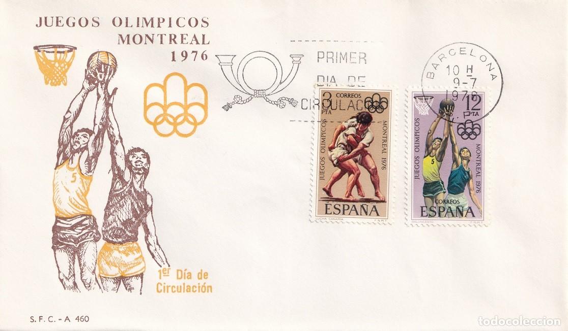 Sellos: SPD Barcelona 1976 - Juegos Ol&iacute;mpicos Montreal 1976 - Lucha canaria y Baloncesto - Primer d&iacute;a FDC
