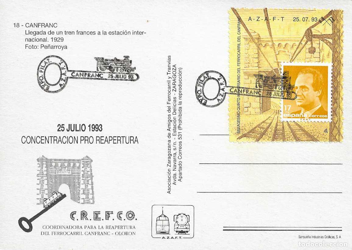 Sellos: RARO VI&Ntilde;ETA TRENES CONCENTRACION PRO REAPERTURA, CANFRANC (HUESCA) 1993 MATASELLOS TARJETA MOD 2 VER