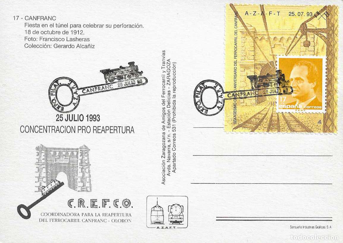 Sellos: RARO VI&Ntilde;ETA TRENES CONCENTRACION PRO REAPERTURA, CANFRANC (HUESCA) 1993 MATASELLOS TARJETA MOD 1 VER