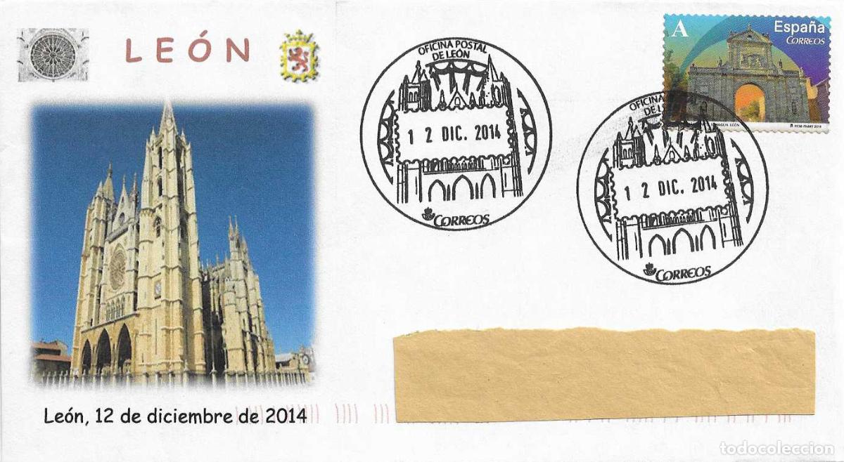 Sellos: RELIGION TURISMO CATEDRAL DE LEON, LEON 12 DICIEMBRE 2014. RARO MATASELLOS OF. POSTAL EN SOBRE MOD 3