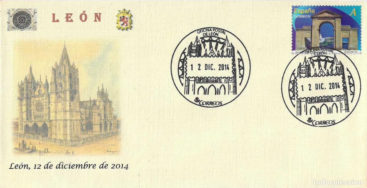 Sellos: RELIGION TURISMO CATEDRAL DE LEON, LEON 12 DICIEMBRE 2014. RARO MATASELLOS OF. POSTAL EN SOBRE MOD 2