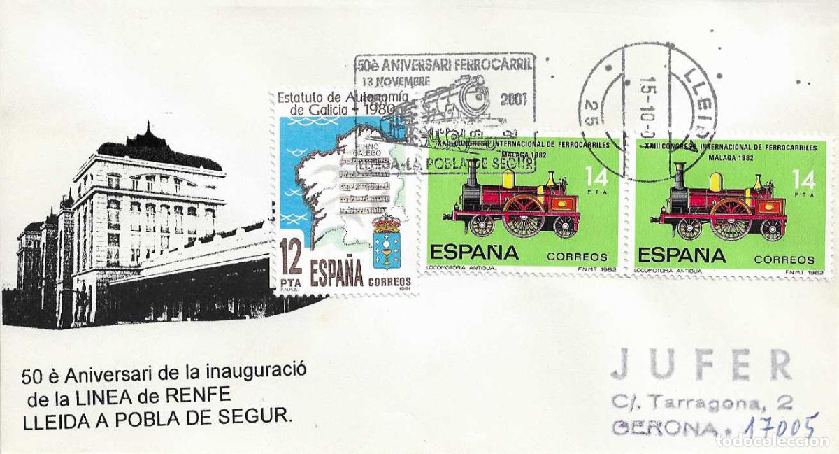 Sellos: TRENES LLEIDA-LA POBLA DE SEGUR 50 ANIVERSARI FERROCARRIL, LLEIDA LERIDA 2001. MATASELLOS RODILLO EN