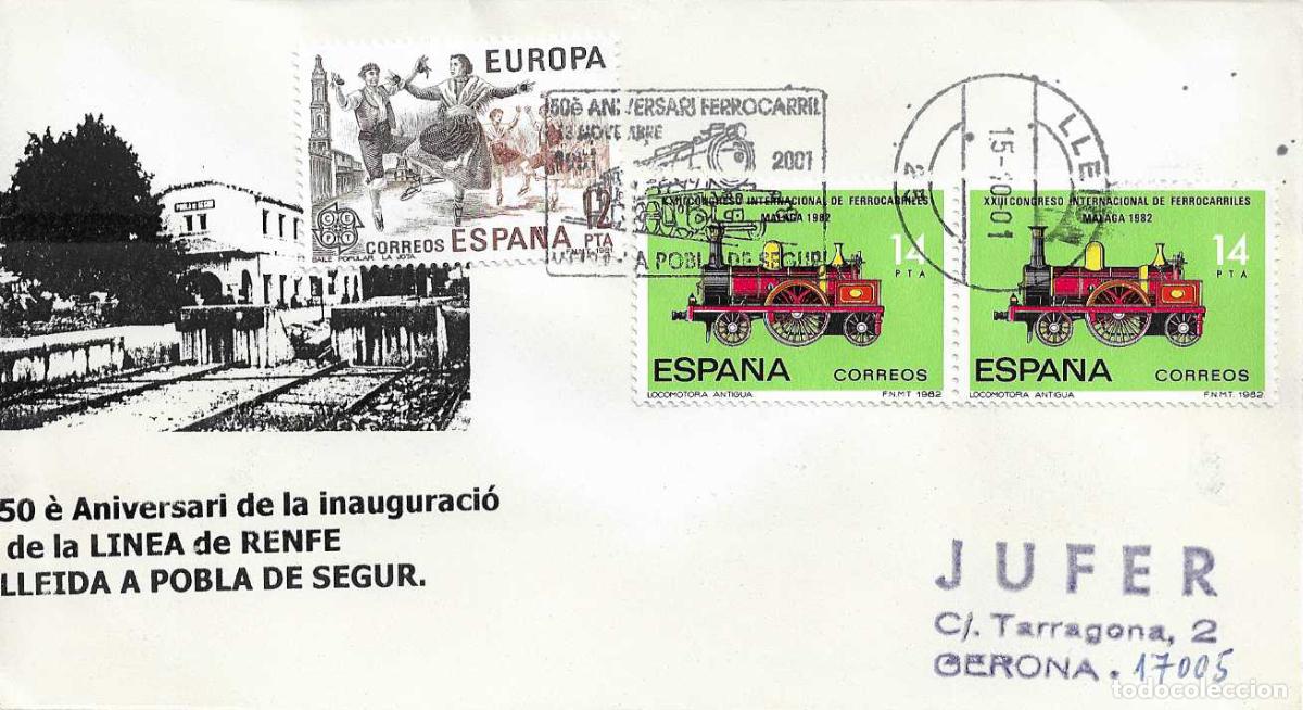 Sellos: TRENES LLEIDA-LA POBLA DE SEGUR 50 ANIVERSARI FERROCARRIL, LLEIDA LERIDA 2001. MATASELLOS RODILLO EN