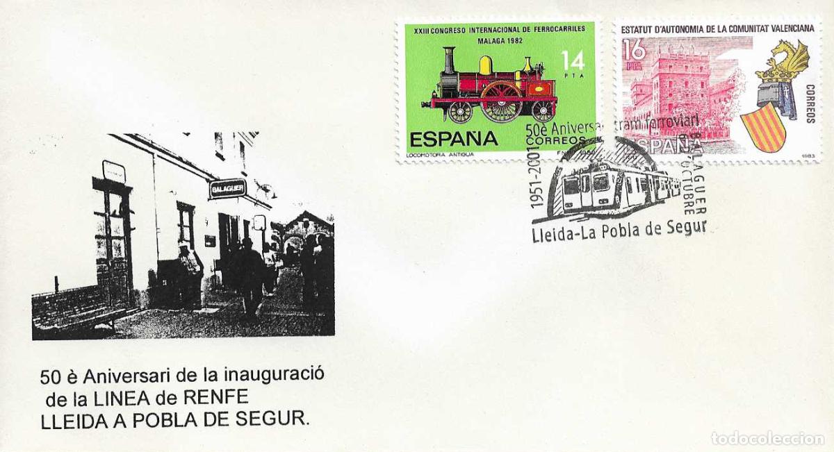 Sellos: TRENES 50 ANIV TRAM FERROVIARI LLEIDA-POBLA SEGUR, BALAGUER 2001 MATASELLOS FERROCARRIL RARO SOBRE 1