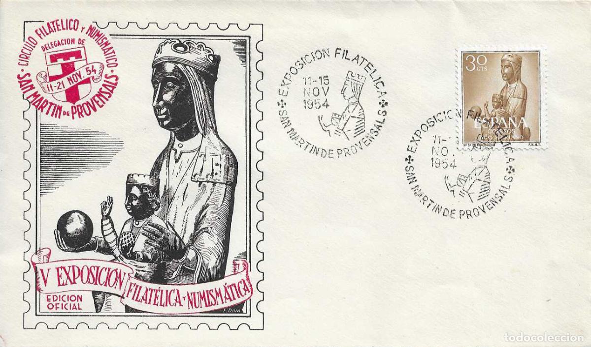 Sellos: VIRGEN MONTSERRAT V EXPOSICION, SAN MARTIN PROVENSALS (BARCELONA) 1954 MATASELLOS SOBRE EO MOD 1 RWR