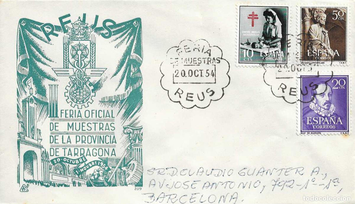 Sellos: III FERIA MUESTRAS PROVINCIA TARRAGONA, REUS 20 OCTUBRE 1954. MATASELLOS SOBRE CIRCULADO DP RARO RWR