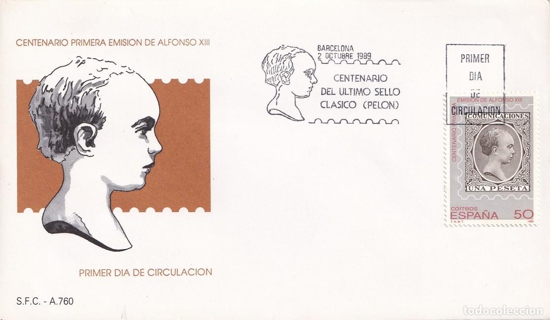 Sellos: SPD Barcelona 1989 - Centenario &uacute;ltimo sello cl&aacute;sico (Pel&oacute;n) Centenario primera emisi&oacute;n Alfonso XIII